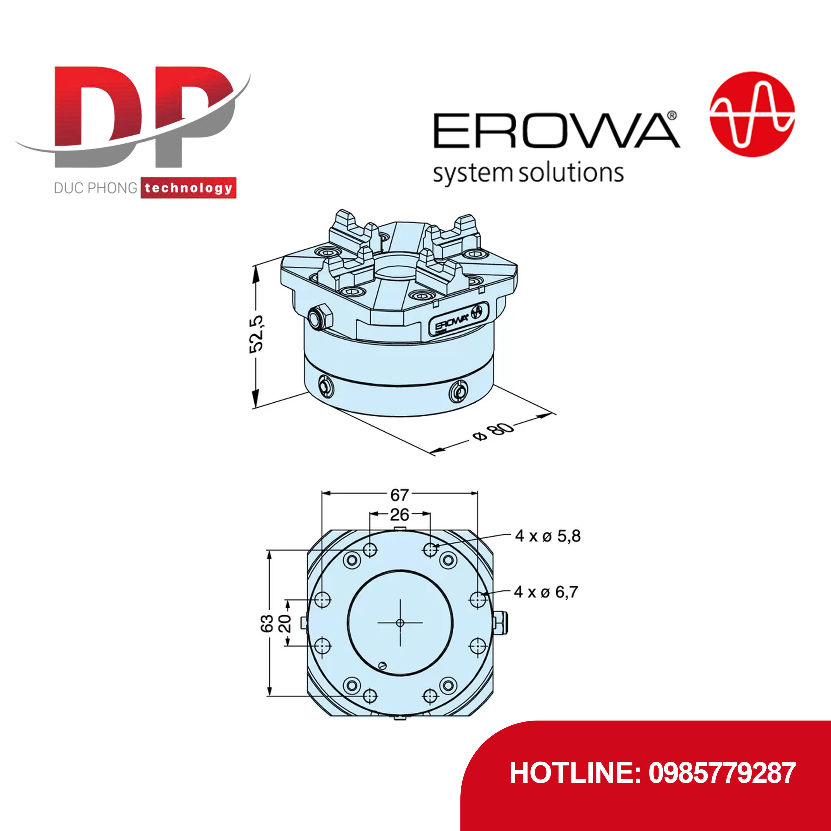 Đầu kẹp tháo nhanh EROWA ER-007604 thủ công NSF, 7000 N, van bên hông