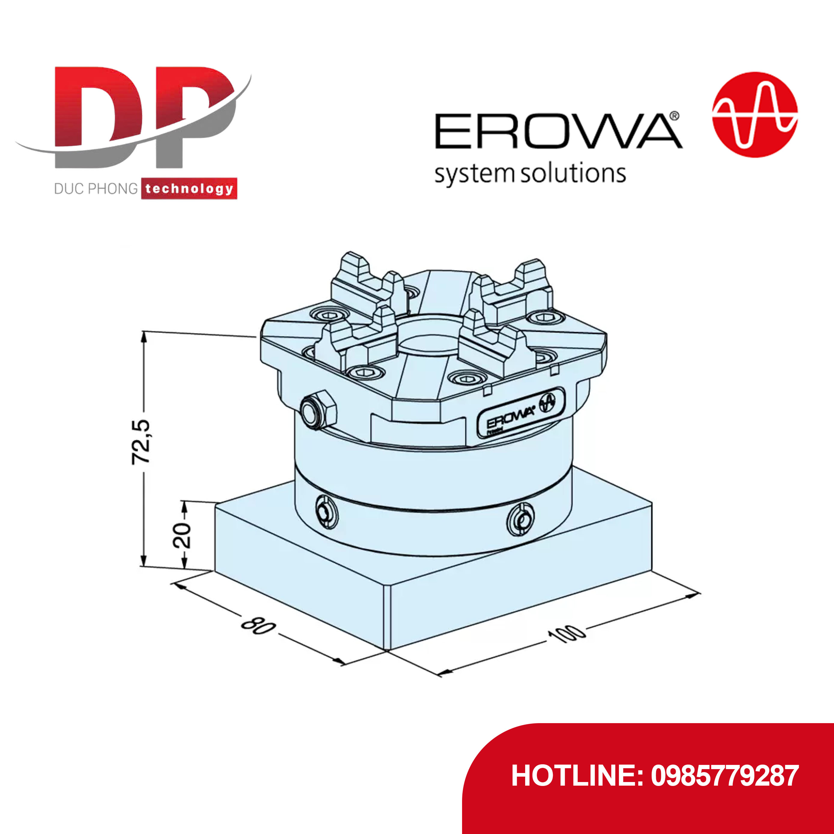 Đầu kẹp thao tác nhanh EROWA ER-012299 NSF, lực kẹp 7000 N, trên Tấm, cho EDM