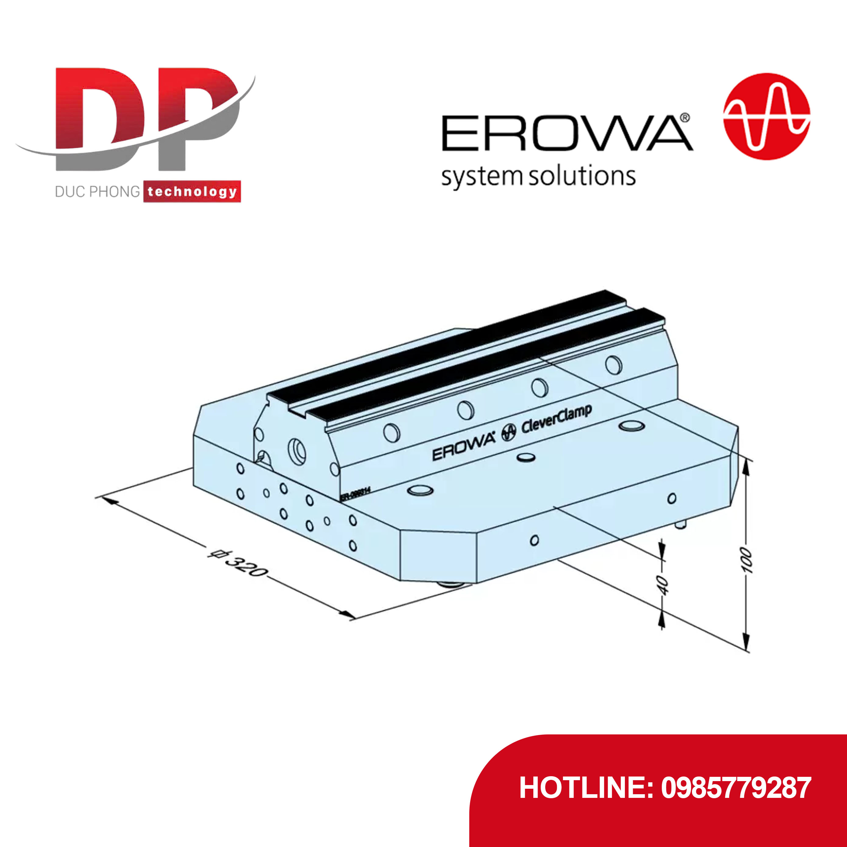 Đế EROWA ER-099318 UPC mono, nhôm, CleverClamp 320, gá kẹp 5 trục