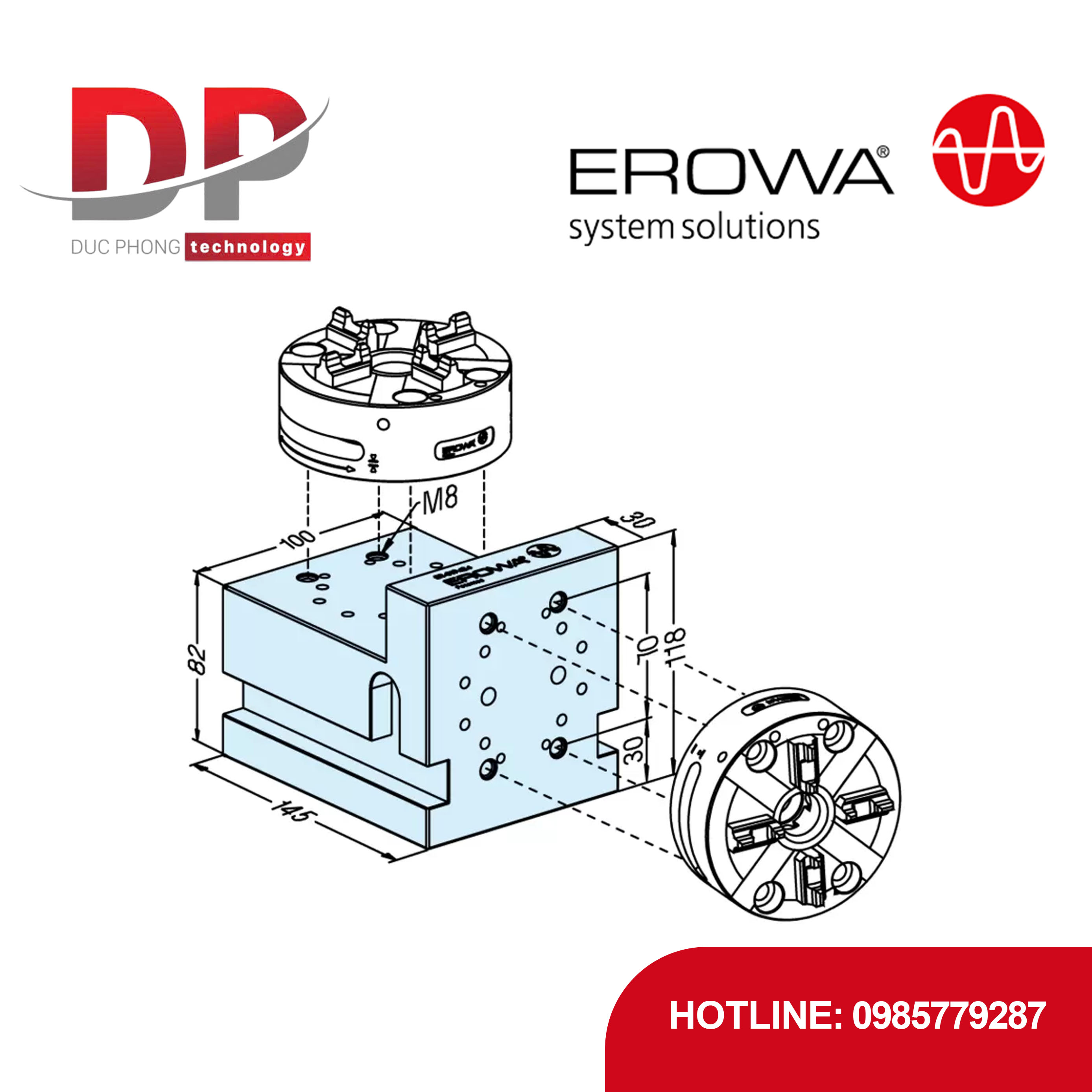 Khối vuông vạn năng EROWA ER-019424, Thép tôi cứng, gắn 1 hoặc 2 đầu kẹp