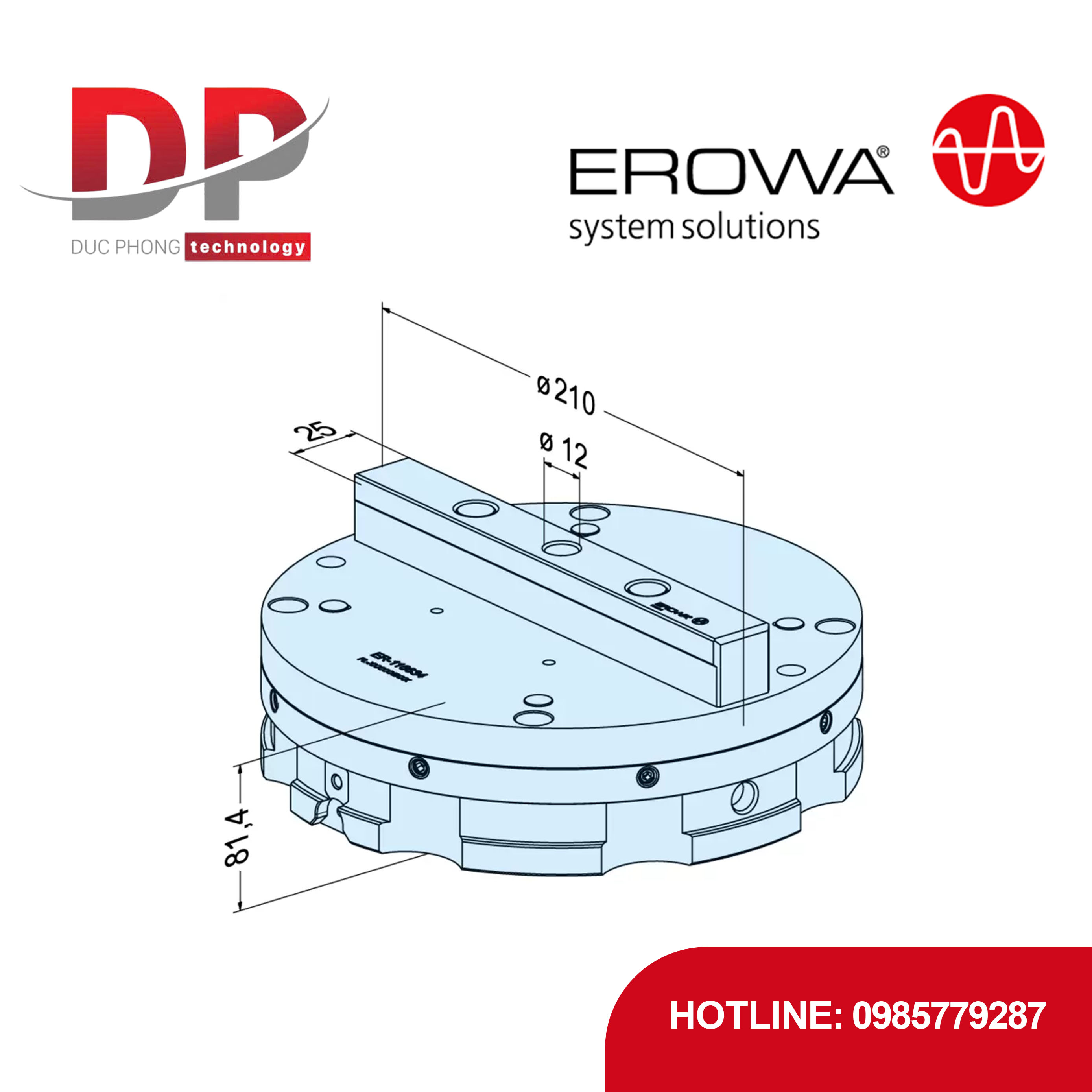 Pallet định vị EROWA ER-116634 RN PC 210, căn chỉnh góc/Z, dùng cho EDM/cắt gọt