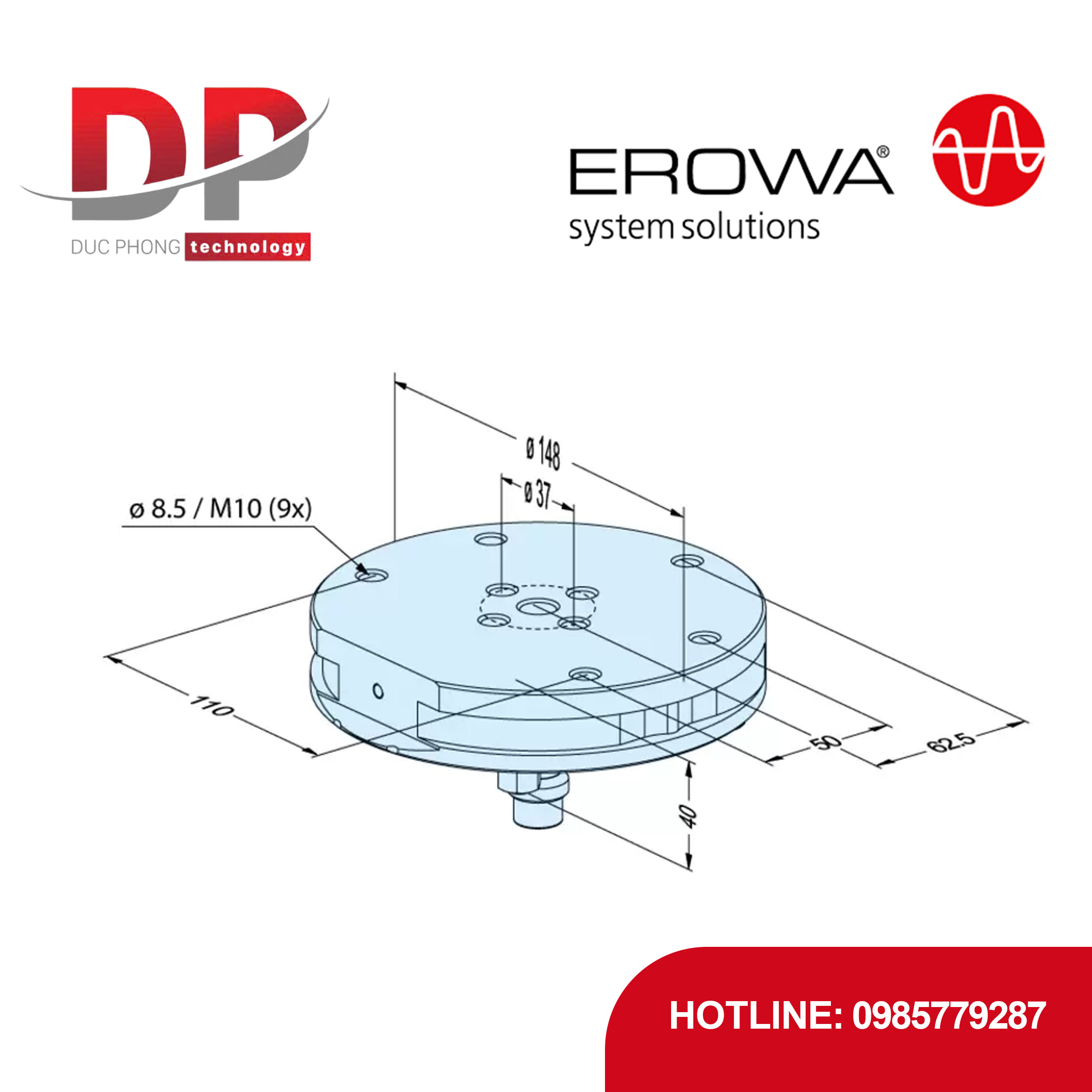 Pallet EROWA ER-115308, thép chống gỉ, định tâm G mài chính xác, tự động