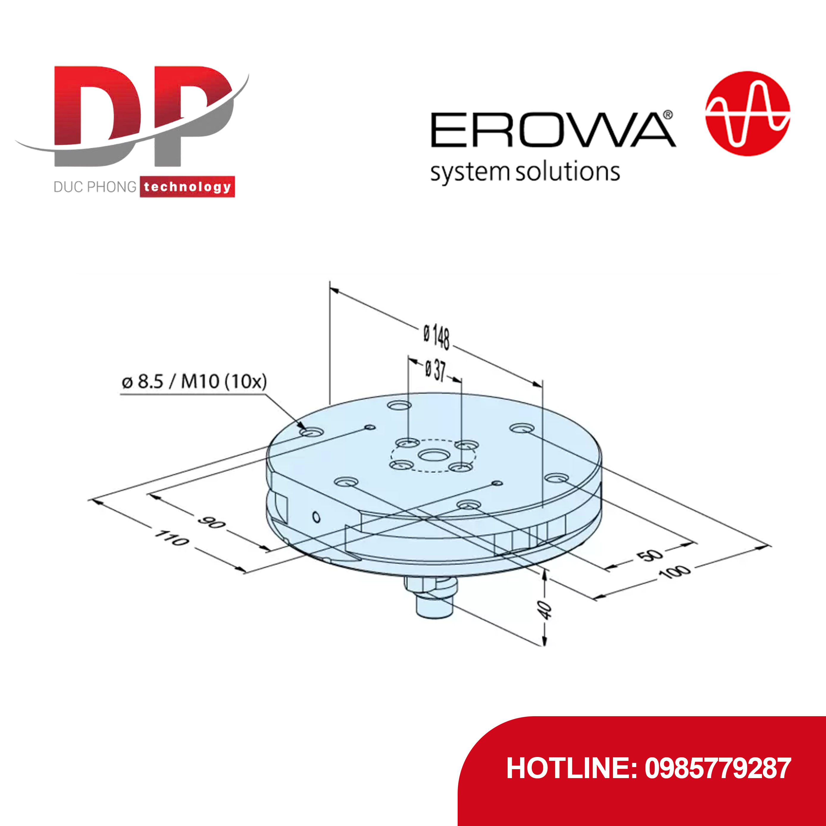 Pallet EROWA ER-115628, 2 đường khí, thép chống gỉ, tự động, định tâm tích hợp