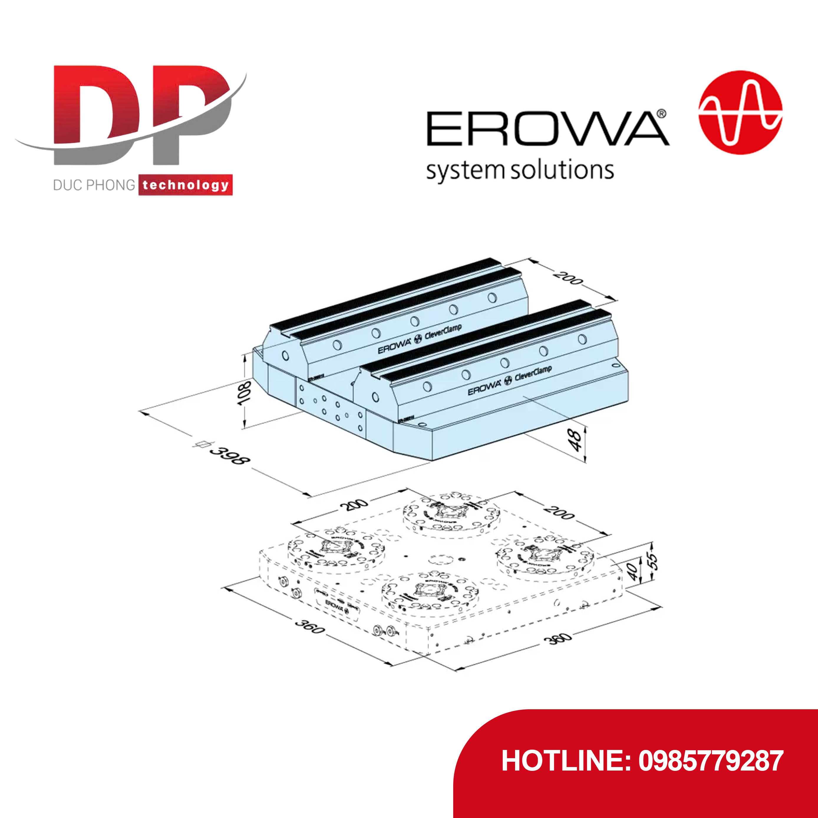 Pallet EROWA ER-130140 MTS 398x398/200, nhôm, CleverClamp Duo, 4 vị trí