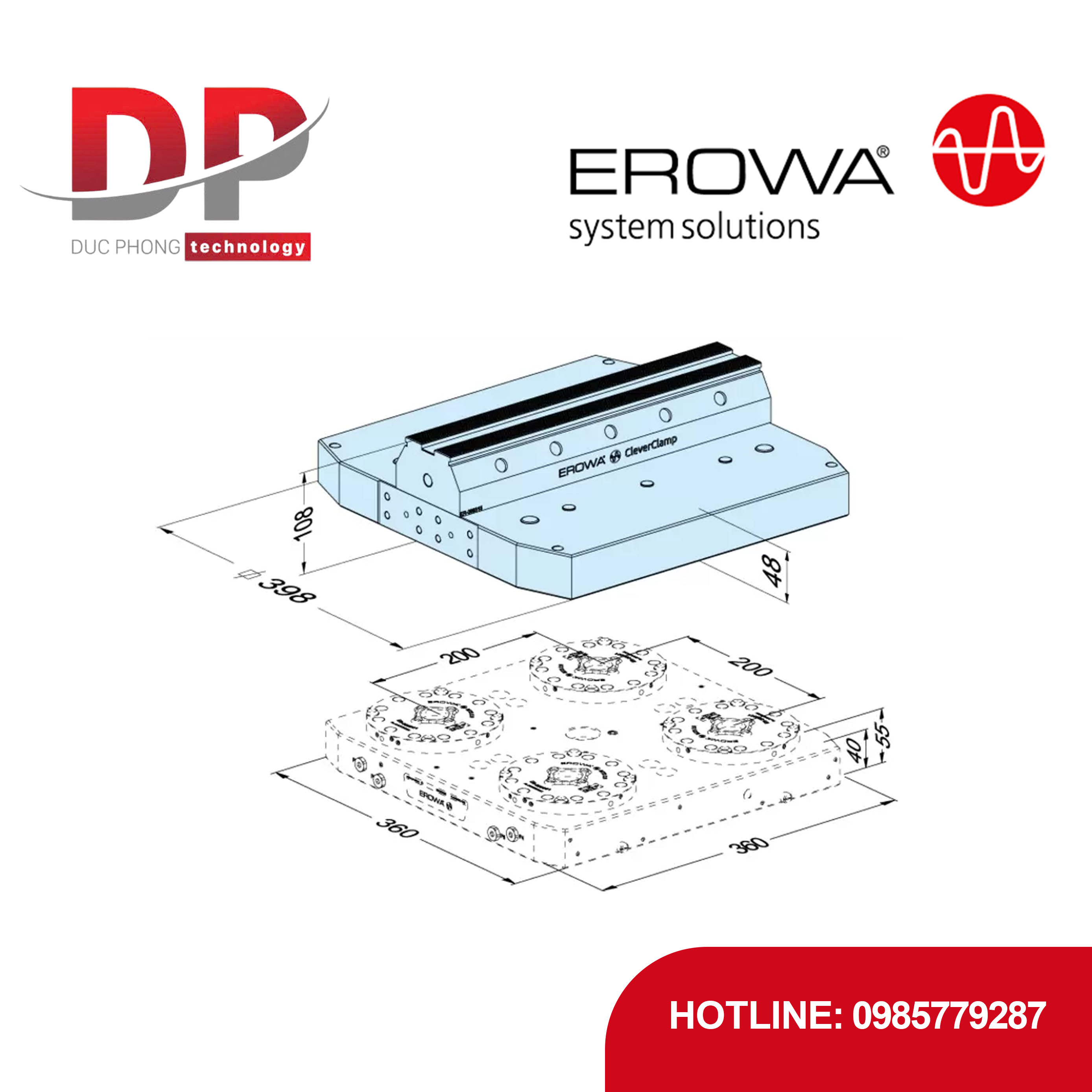 Pallet EROWA ER-130141 MTS 398x398/200, nhôm, CleverClamp, 4 vị trí