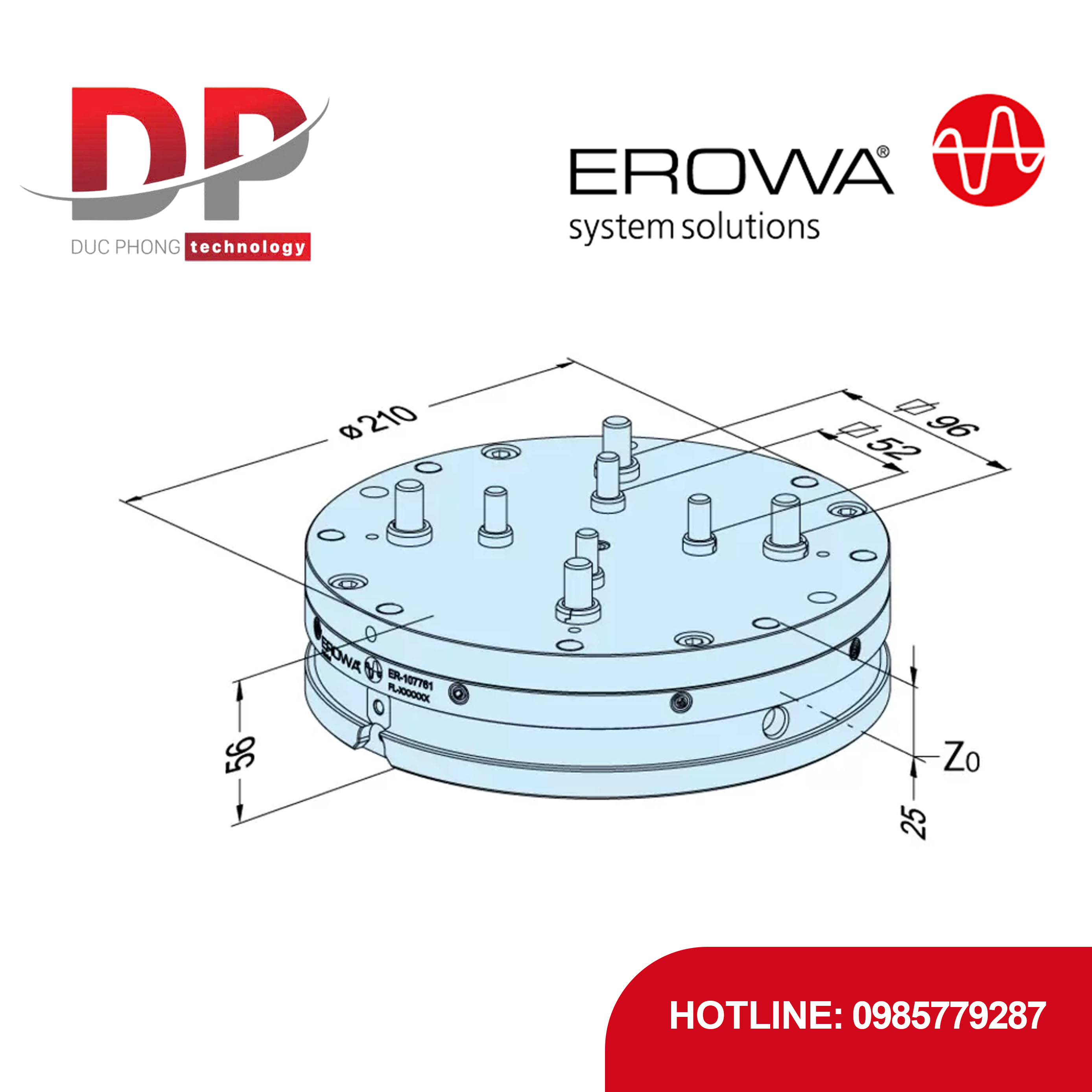 Pallet EROWA ER-107761 RN PC210 cho Ê-tô, bước lắp 52/96 mm, tự động, thép