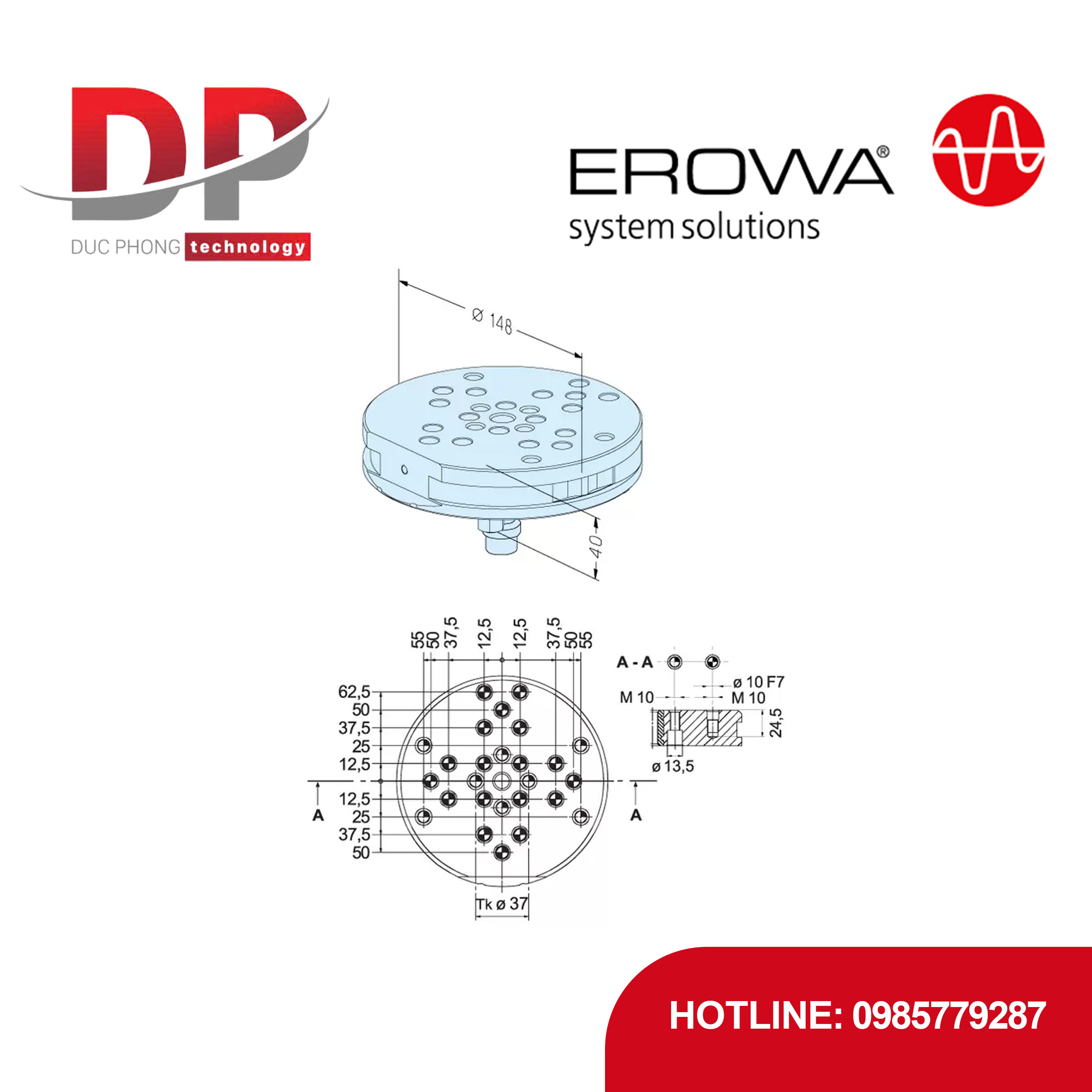 Pallet EROWA ER-115712, nhôm, lỗ lắp bước 25, định tâm mài chính xác