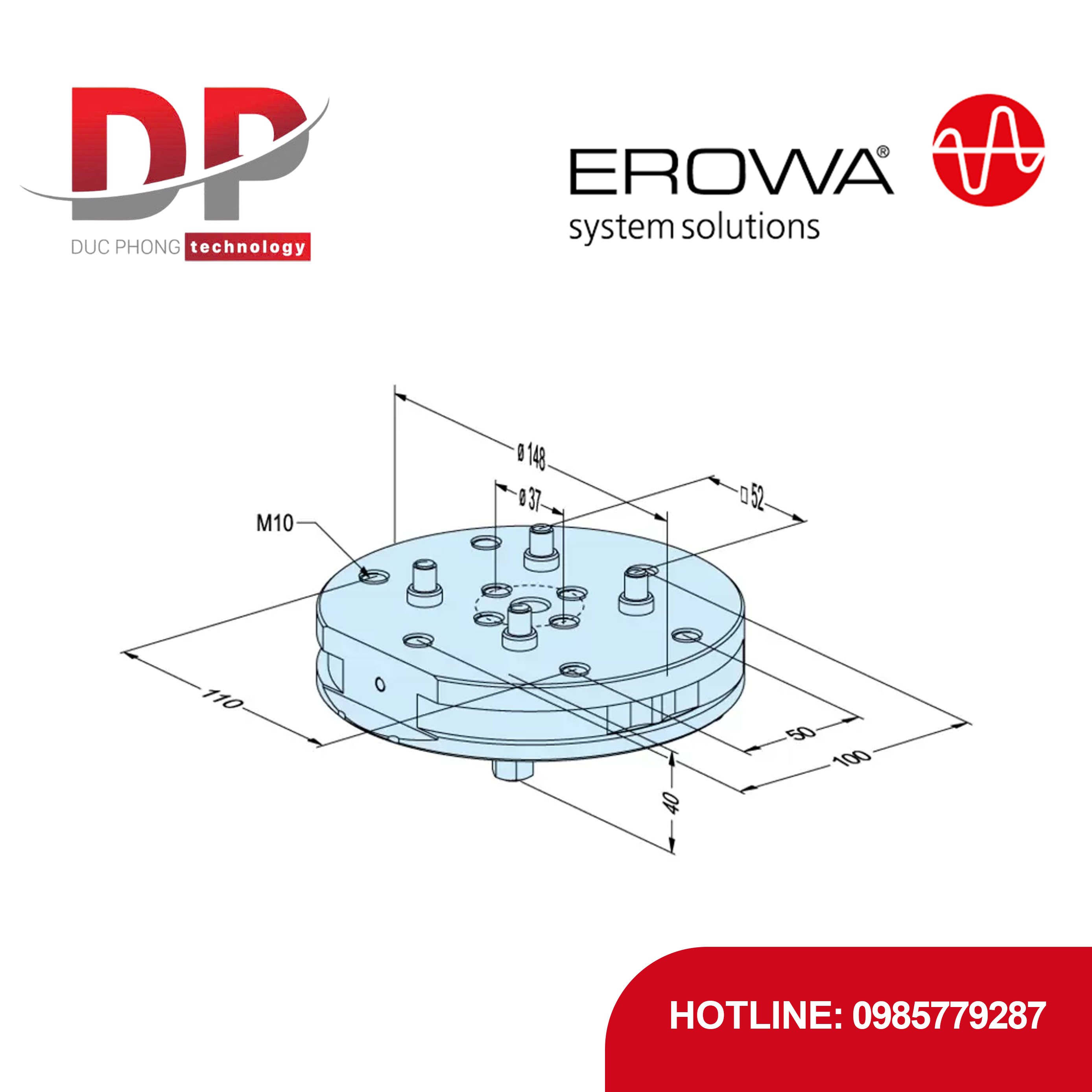 Pallet EROWA ER-133430 dùng cho Ê tô, bước kẹp 52 mm, thép chống ăn mòn