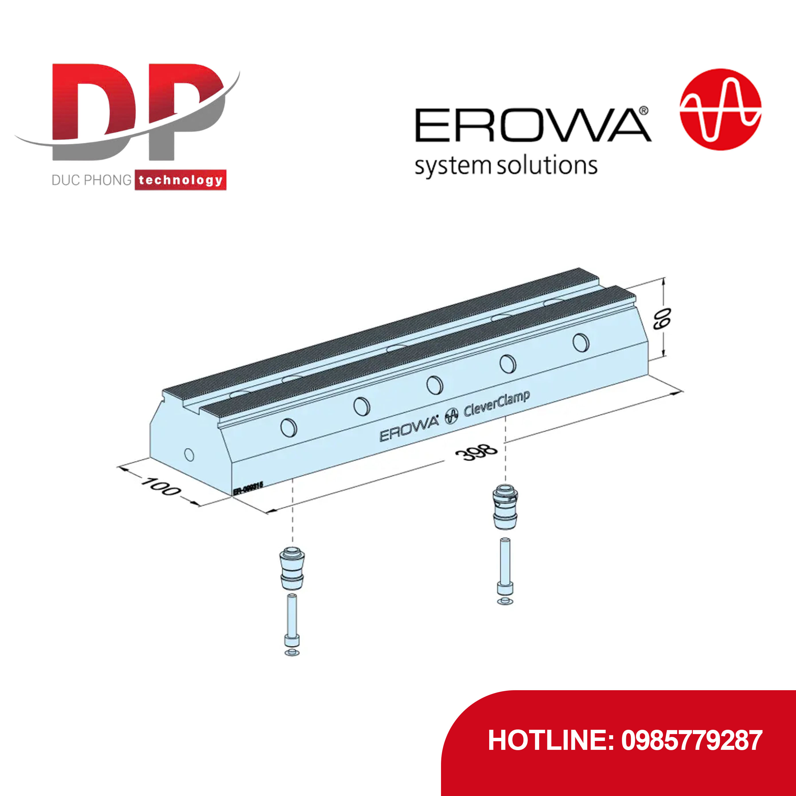Thanh ray EROWA ER-099389 398 H60, CleverClamp, thủ công, thép tôi cứng