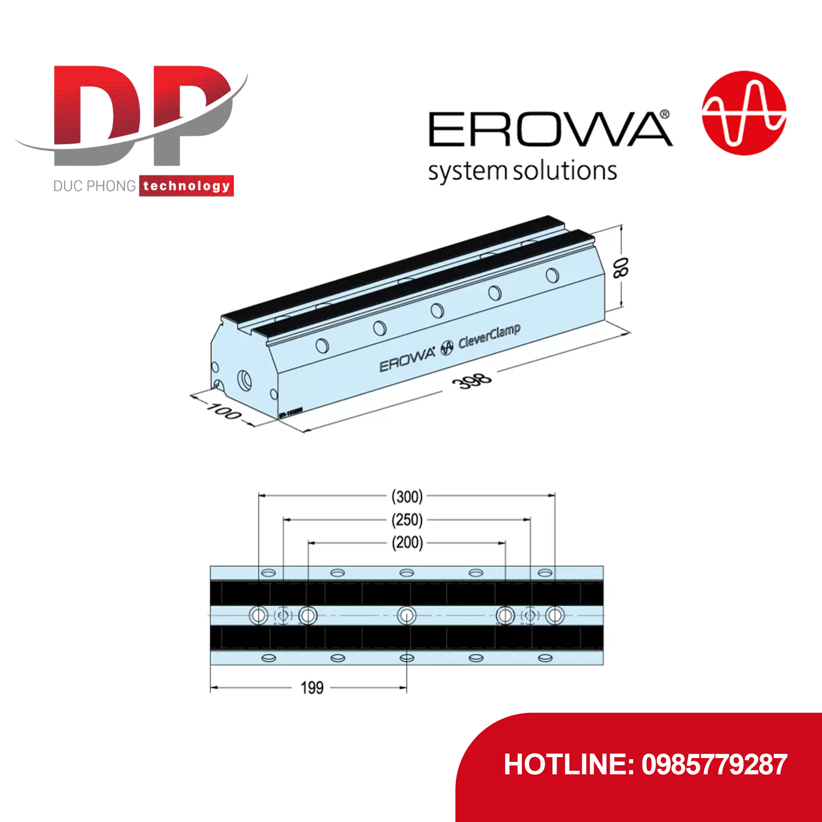 Thanh ray EROWA ER-100266 398 H80, CleverClamp, thép tôi cứng