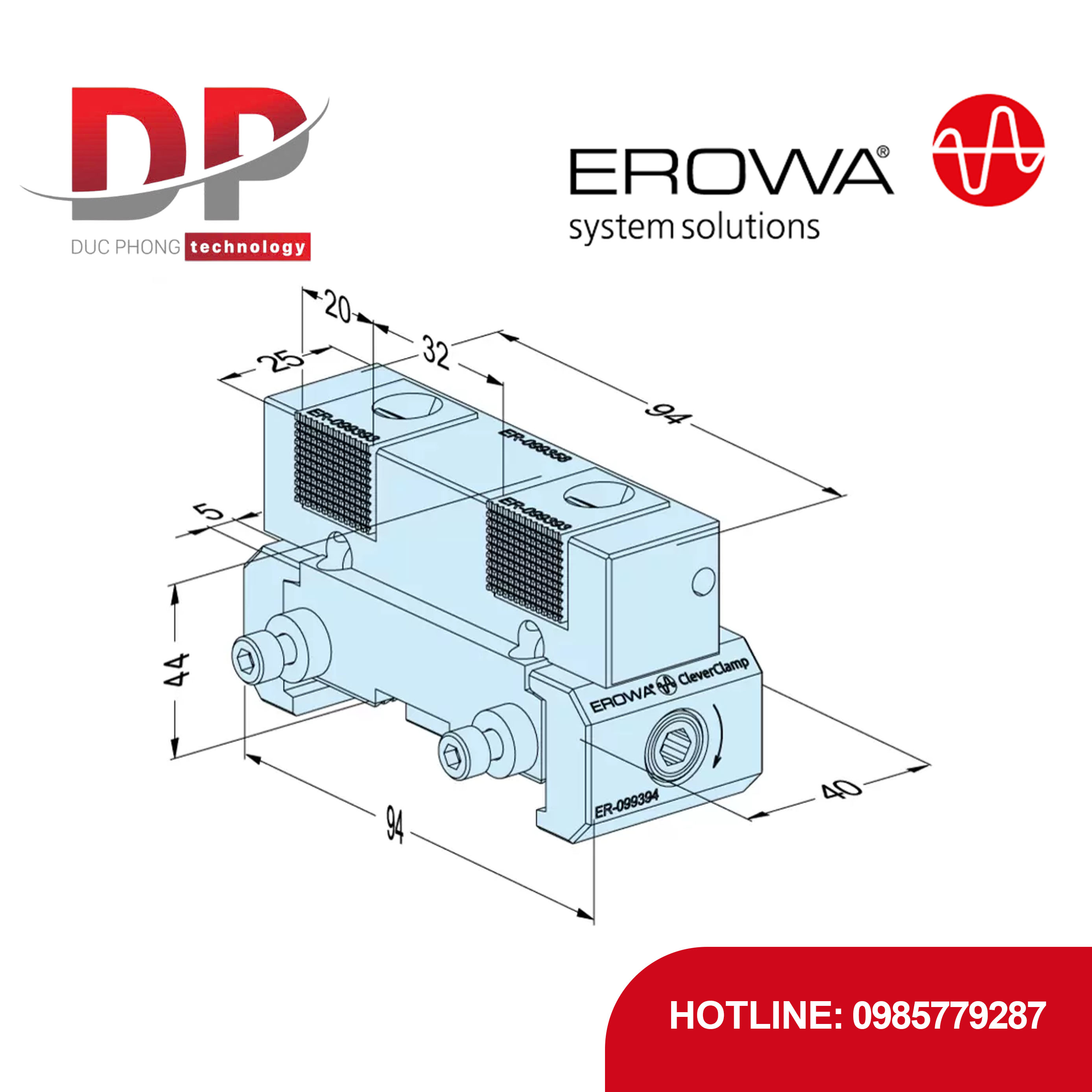 Thanh trượt kéo xuống kép EROWA ER-099358 Multi-Grip, CleverClamp, thép tôi cứng