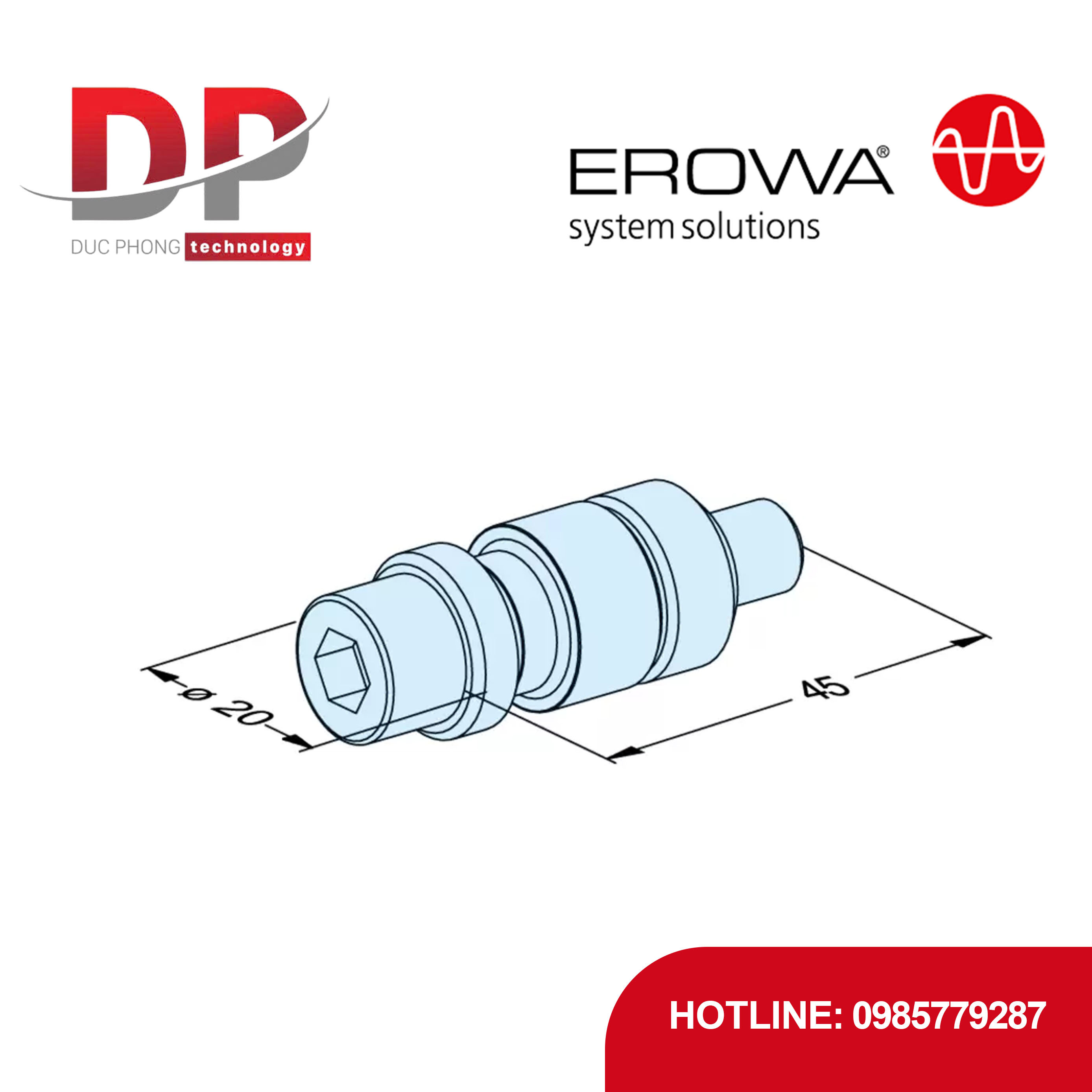 Trục kẹp EROWA ER-010755 F/M EDM, M10 x 45, có lỗ làm sạch, 20 chiếc