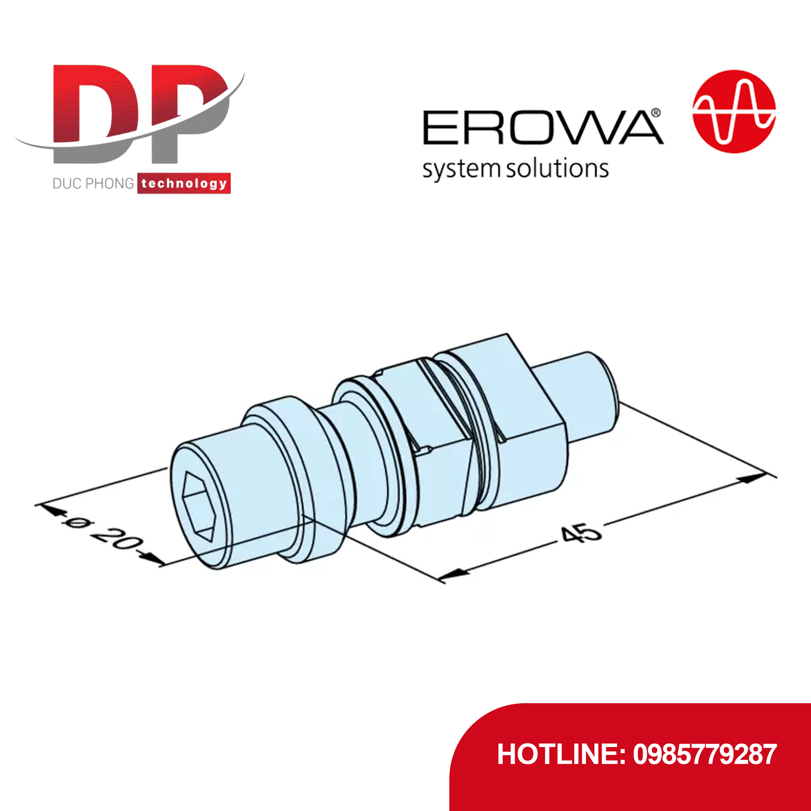 Trục kẹp EROWA ER-015465 F/A EDM, M10 x 45, có lỗ làm sạch, 20 chiếc