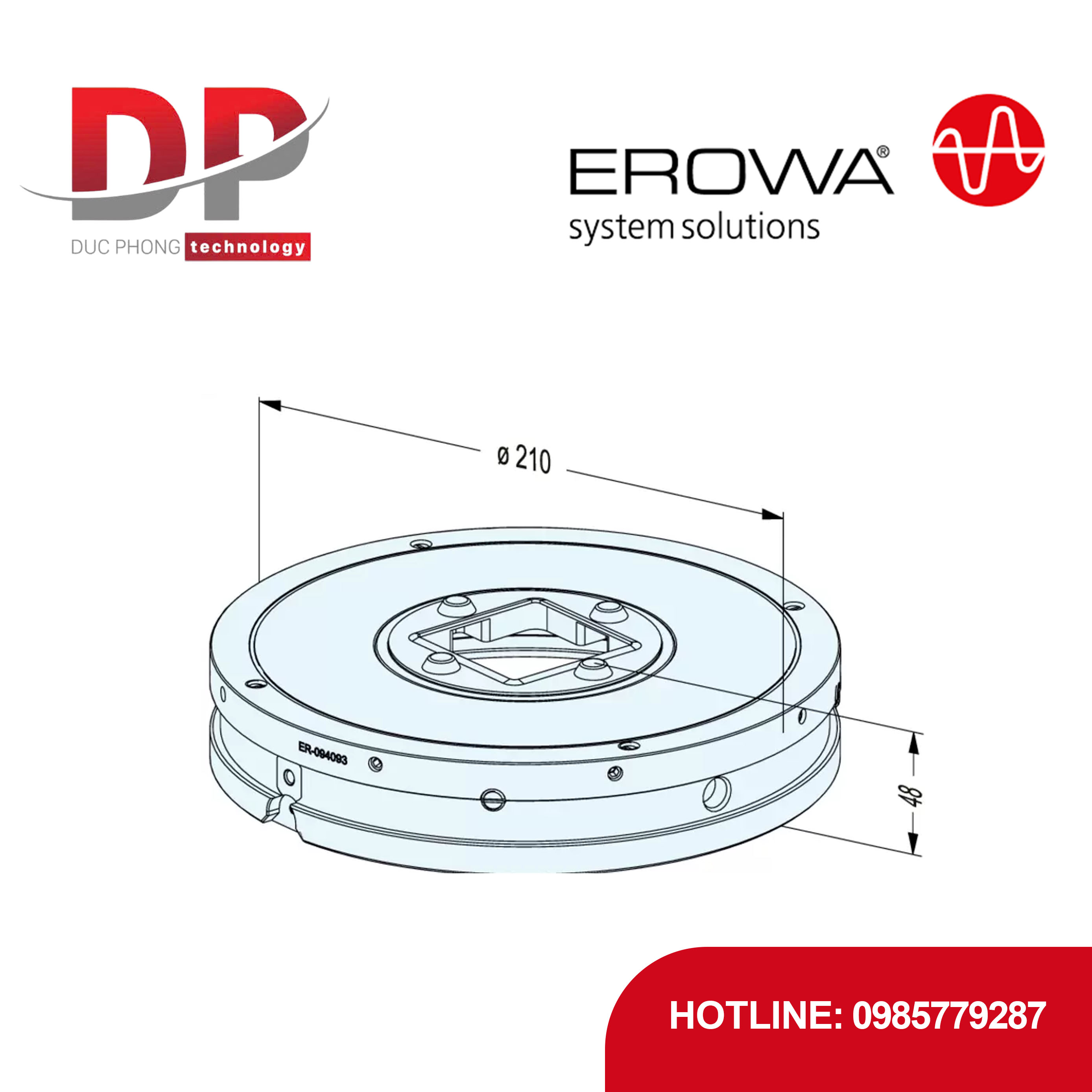 Vòng đệm kín EROWA ER-094093 ITS 50 C cho PC 210, thép tôi cứng, tự động